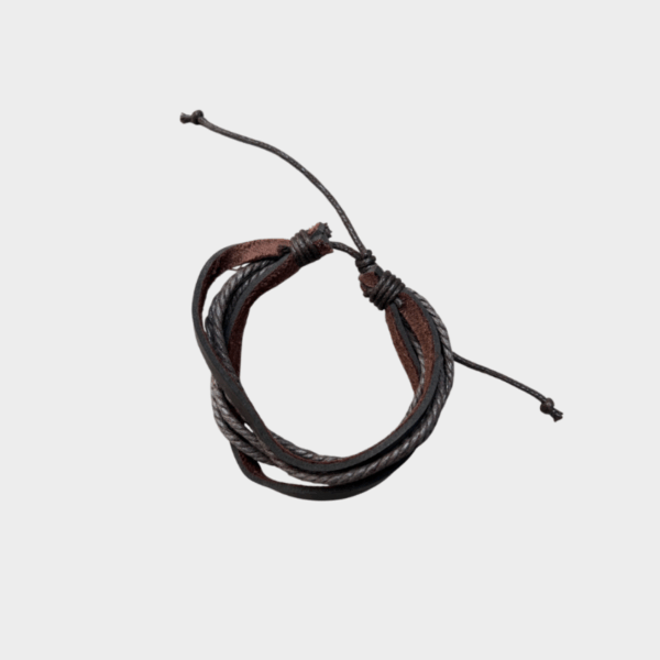 31 Pulsera de Cuero Multitextura Café y Negro – Bisutería Artesanal con Tiras Lisas y Trenzadas Ajustable