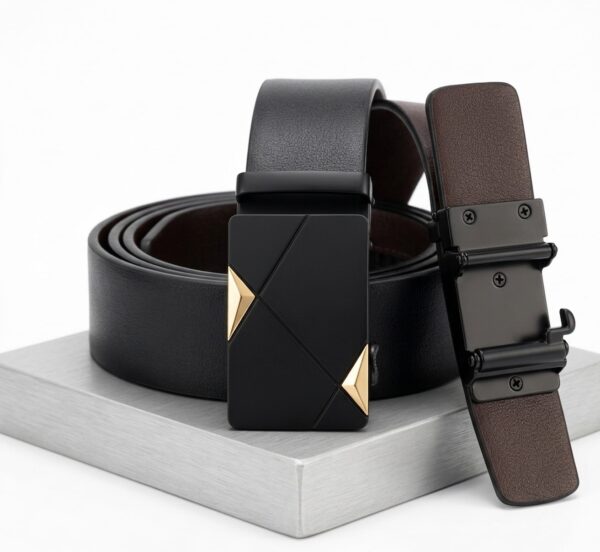 Cinturón Negro para Hombre con Hebilla Geométrica Dorada | Elegante, Formal y Casual