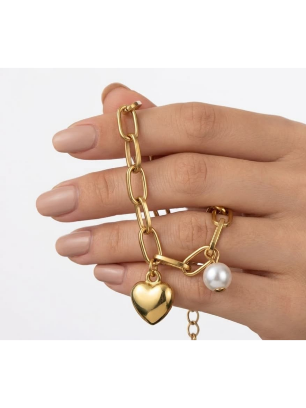 Pulsera Dorada para Mujer con Dijes de Corazón y Perla Elegante 1300 (2) Pulsera Dorada para Mujer con Dijes de Corazón y Perla Elegante